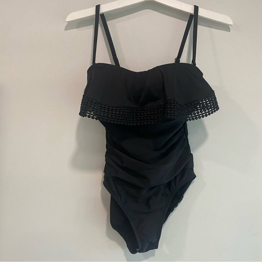 Women's Crochet Flounce High Coverage One Piece Swimsuit Kona Sol Black Size S - Picture 3 of 9